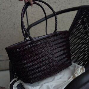 Dragon Diffusion Triple Jump Small Woven Leather Basket Tote Dark Brown
